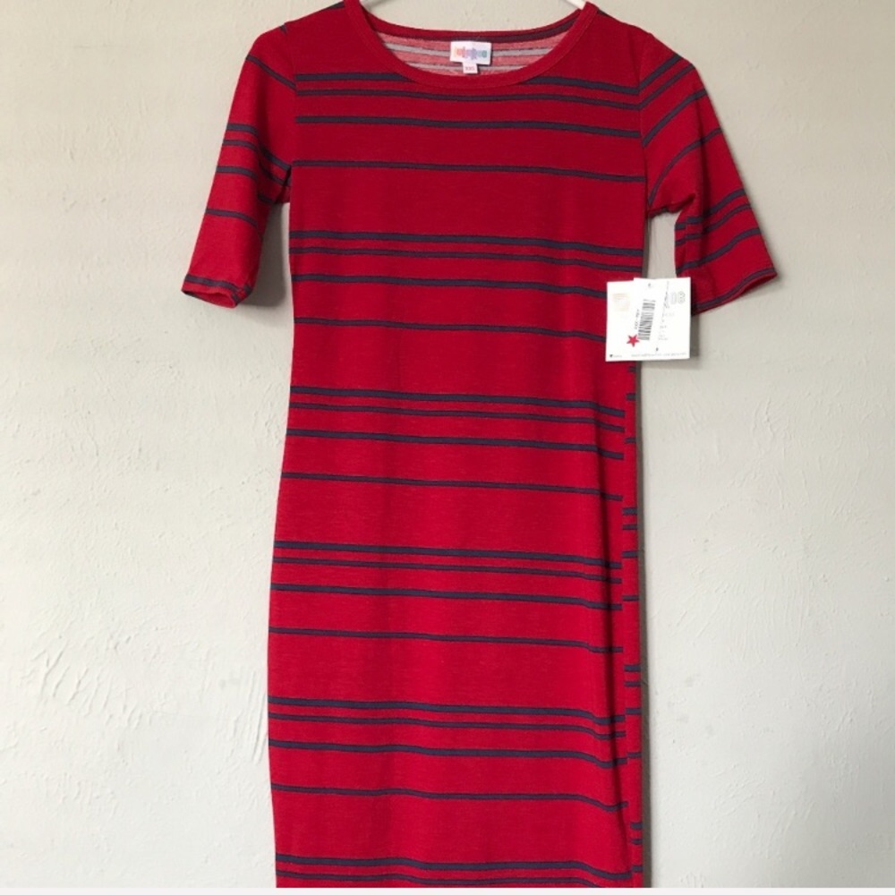 LuLaRoe Red/Blue Striped Julia T-shirt Dress, XXS